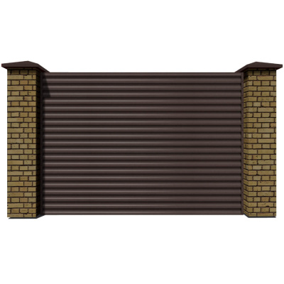 Секция забора жалюзи из ламелей еврожалюзи RAL8017 Коричневый Шоколад Стальной Бархат с кирпичными столбами анфас