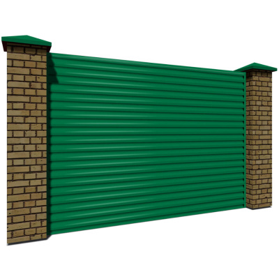 Секция забора жалюзи из ламелей еврожалюзи RAL6029 Зеленая Мята с кирпичными столбами